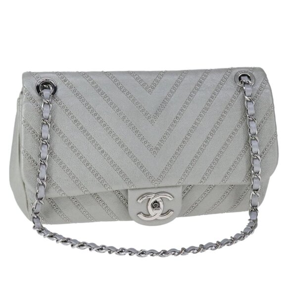 CHANEL Chain Shoulder Bag Leather Gray CC Auth PP141 - Picture 1 of 15
